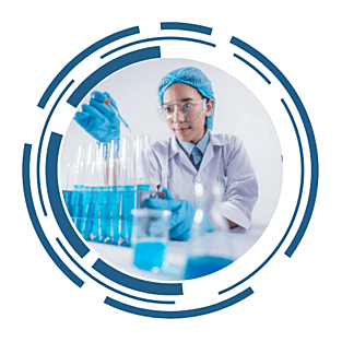 A scientist in protective gear, including a lab coat, gloves, hairnet, and safety goggles, conducting an experiment with test tubes filled with blue liquid in a laboratory setting. The image is framed by a circular, futuristic design.